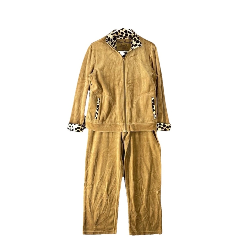 Onque Y2K Brown Velour Track Suit Womens Jacket Pant Set Retro Cool Leopard Sz S